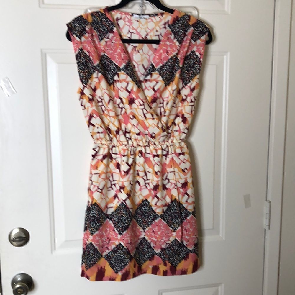 NEW Bar III Ivory, Coral and Black Faux Wrap Dress NWT